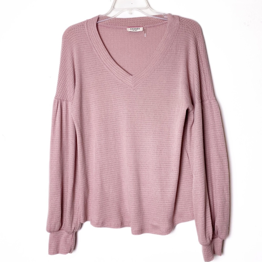 Andree by Unit Mauve Waffle Knit Pullover Slouchy Sweater Bishop Sleeve size S